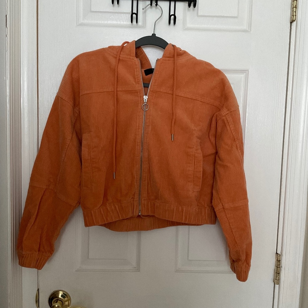 Orange Corduroy Zip Up Hooded Bomber Jacket In Excellent Condition